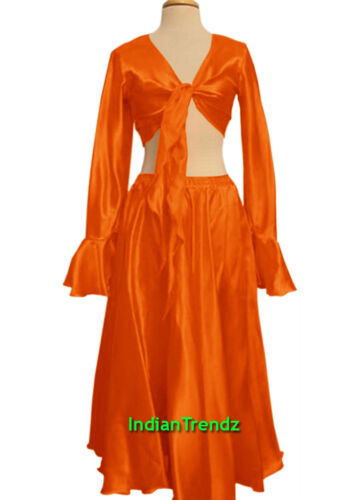 Top Set Belly Dance Tie Ruffle Dress Flamenco Tribal Full Circle Satin Skirt 