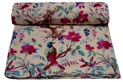 5 Yard Indian Hand Block Print Cotton Fabric Dressmaking Sewing Beige Bird Print
