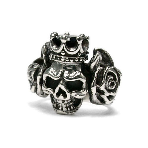 Sterling Silver .925 PUNK ROCK Crown Skull Rose Men's Ring 
