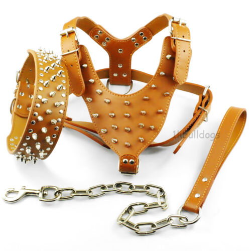 Brown PU Leather Studded Large Dog Harness/&Collar Set For Pitbull Bully Adjust