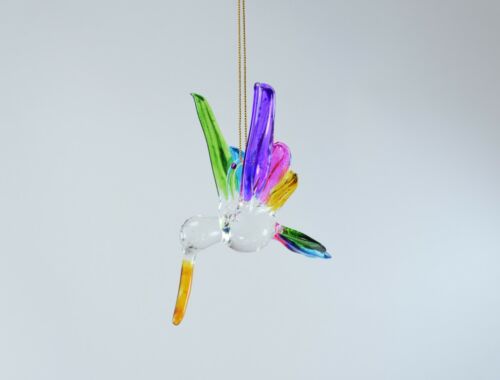 Hanging Hummingbird Rainbow colors Figurine of Blown Glass Crystal 