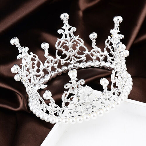 Women Girls Retro Man-made Pearl Crown Bride Tiara Cake Topper Decoration US 