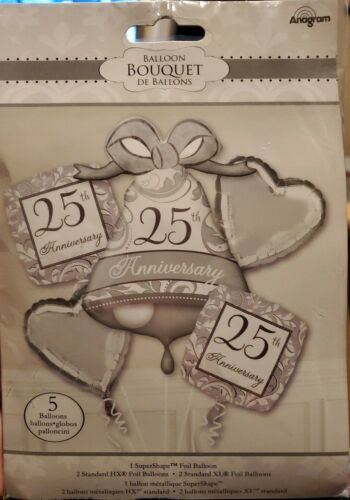 Silver /& White Supershape Bell 5-Pc Balloon Bouquet 25th Anniversary NEW