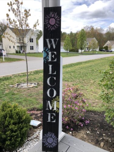 48” Large Vertical Welcome Sign Rustic Porch Sign Multi Color Flowers 