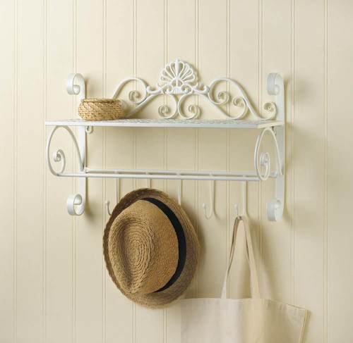 Decorative White Flourish Wall Shelf with Hooks