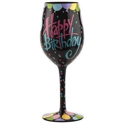 Lolita Happy Birthday Balloons Hand Painted Wine Glass