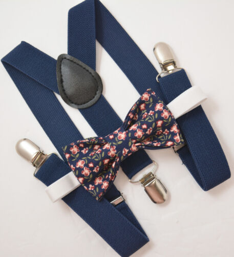 Kids Boys Mens Navy Suspenders & Navy Blue Floral Bow tie Baby ADULT SET 