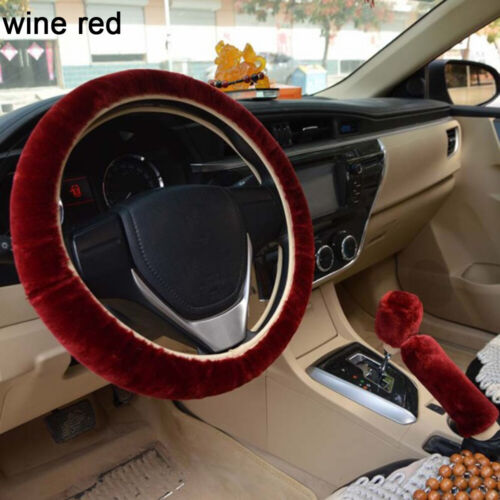 Interior Long Plush Steering Wheel Cover Handbrake Case Woolen Car Soft Wool 