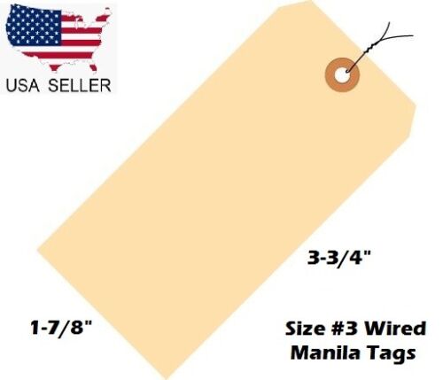 Pack of 100 Size 3 Manila Inventory Shipping Hang Tags with Wire 3 3//4/" x 1 7//8/"
