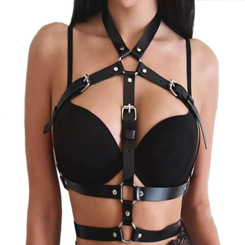 Women's Leather Body Chest Harness Cage Bra Belt Gothic Collar Choker Costume S* 