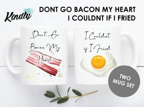 DONT GO BACON MY HEART MATCHING NOVELTY MUG SET CAN BE PERSONALISED 