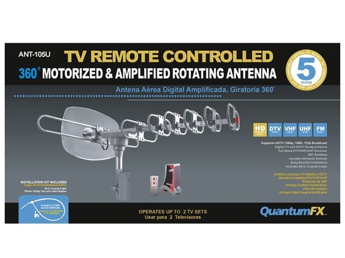 QuantumFX QFX ANT-105 HD//DTV//UHF//VHF//FM 360 Degree Motorized Rotating Antenna
