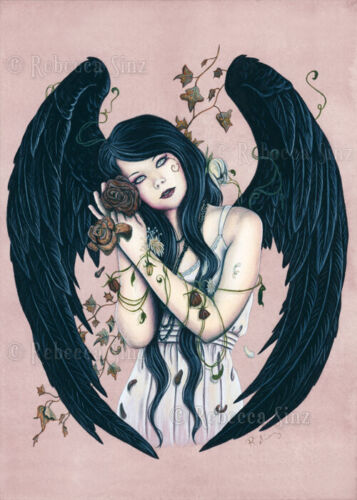 Gothic Fantasy Art PRINT Angel Wither Wilted Decay Wings Flowers Pink Mauve