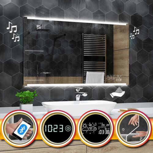Badspiegel mit LED Beleuchtung HOBARTSCHALTER WETTER LED UHR BLUETOOTH G9