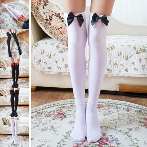 Girl Stretchy Meias Over The Knee High Socks Stockings Tights With Bows Thigh_WK