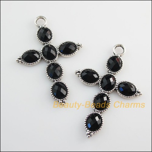 2Pcs Tibetan Silver Tone Black Glass Crystal Cross Charms Pendants 41x61mm
