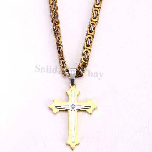 Men Stainless Steel Cross Pendant Gold Silver Black Byzantine Chain Necklace