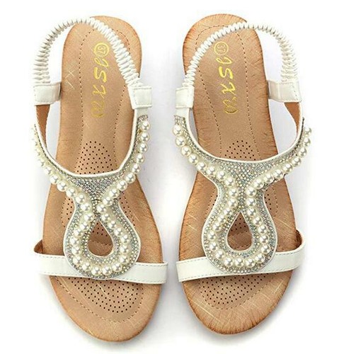 Women/' Summer T-Strap Rhinestone Beaded Wedges Sandals Peep Toe Slip On Shoes