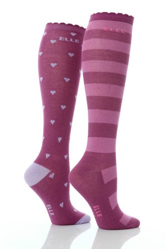 2 Pairs Girls Elle Knee High Purple Stripes /& Heart Socks Available in 3 sizes
