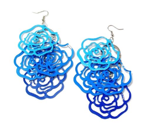 Blue Rose Flower Dangle Hook Earrings Women Girls Ladies Party Dress Jewellery 