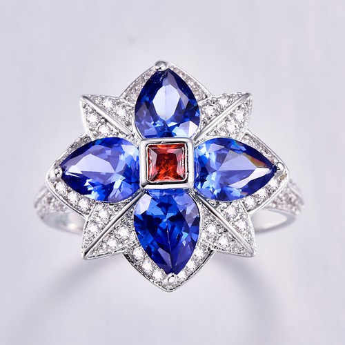 Flowers Cocktail Rainbow White Topaz /& Tanzanite Gemstone Silver Ring Size 6789