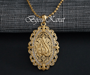 Allah Strass Ketten Anhänger inkl lange Goldkette Halskette 24 Karat Vergoldet*