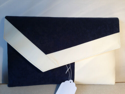 Made in the UK OVER SIZED CREAM & NAVY BLUE faux suede asymmetrical clutch bag 