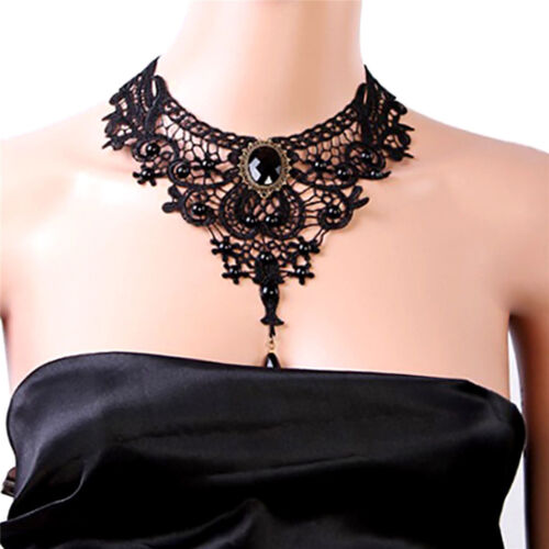 Gothic Victorian black Lace Choker Necklace Jewel Steampunk Metal Cameo Cosplay