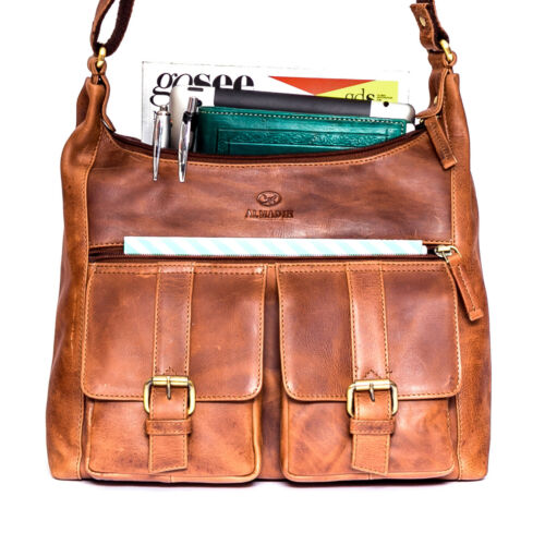 ALMADIH Leder Damentasche LARA Handtasche Umhängetasche Schultertasche Braun H