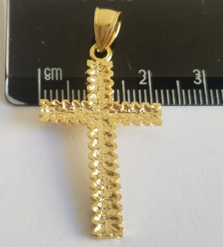 14k yellow Gold diamond cut Cross Pendant charm 1.55 inches long