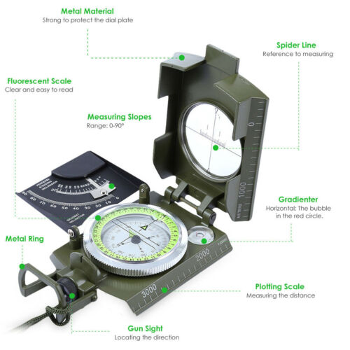 Professional Military Pocket Metal Sighting Compass Clinometer Hiking Camping 