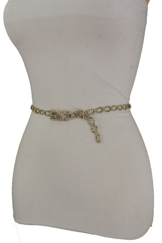 Fancy Women Hip High Waist Gold Metal Chain Narrow Belt Silver Rhinestones S M