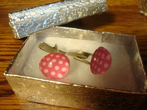 Two Pink-White Polka Dots Silver Plated Acrylic Dome Cuff links 1 Pair