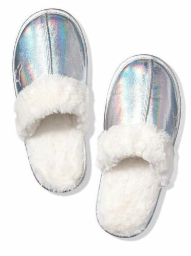 VICTORIAS SECRET PINK SHERPA FAUX FUR LINED SLIPPERS METALLIC SILVER NWT S M L
