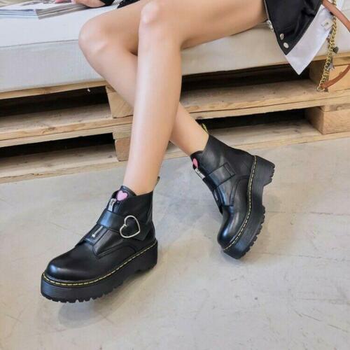 Womens Round Toe Buckle Strap Heart Sweet Flats Shoes Creepers Ankle Boots Shoes