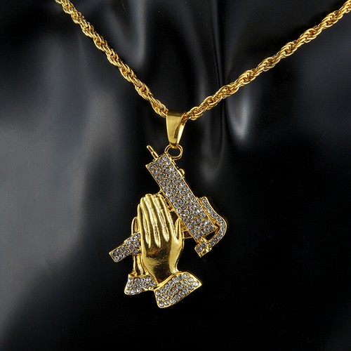 Men/'s Hip Hop Gold Plated Ice Out Gun /& Praying Hand Pendant 28/" Chain Necklace