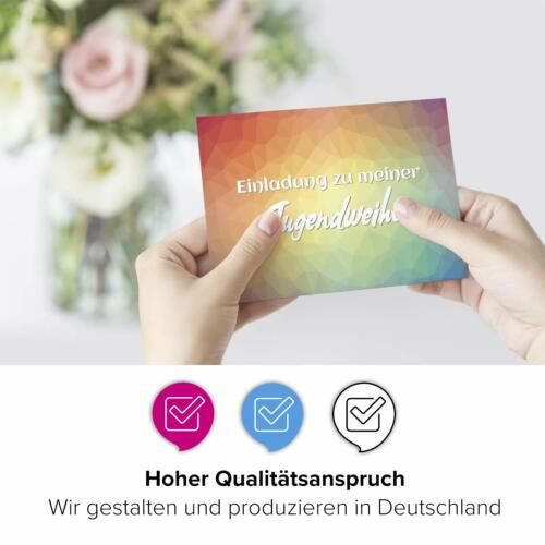 Regenbogen Mosaik bunt 15 x Einladungskarten zur Jugendweihe mit Umschlag 