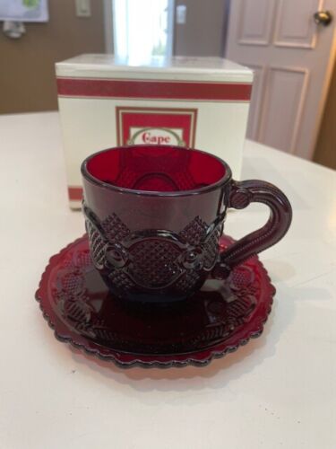 ONE VINTAGE AVON CAPE COD RUBY RED SERVING CUP AND SAUCER SET Brand New in Box 