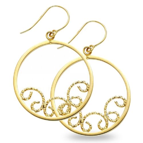 Solid 14k Yellow Gold Round Hoop Dangle Earrings Polished Fashion Diamond Cut