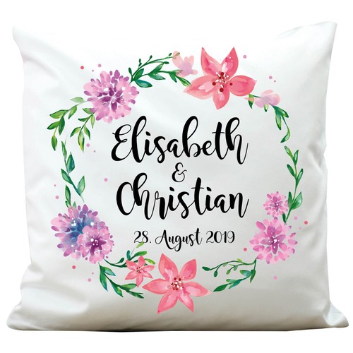 Coussin Fleurs Couronne Mariage Anniversaire Demande Nom Date Cadeau polyester