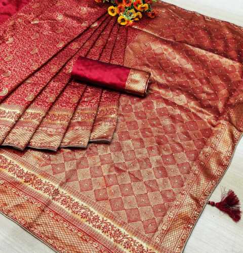 Indian Silk Saree Banarasi Weaving Saree With Stone Work Designer RichPallu Sari