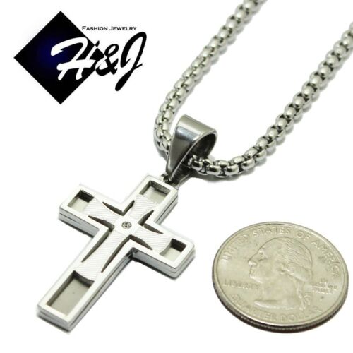 18-32/"MEN Stainless Steel 3mm Silver Smooth Box Chain Necklace Cross Pendant*W