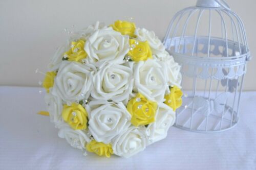 Wedding bouquet posy flowers in YELLOW Flower girl wand grooms buttonhole