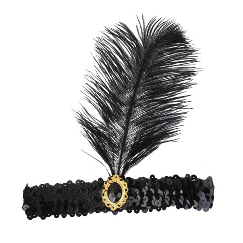 Black Sequins Feather Vintage Hairpiece 1920s Great Gatsby Flapper Headband