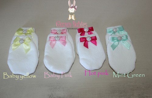 Newborn infant baby girl cotton scratch guard mittens satin mini bows color set