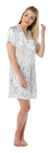 Ladies short Sleeve Satin Nightdress Cream with Butterfly Print Sizes 10-22