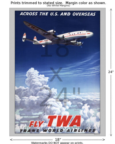 6 sizes matte+glosy avail TWA Across US /& Overseas Airline Travel Poster