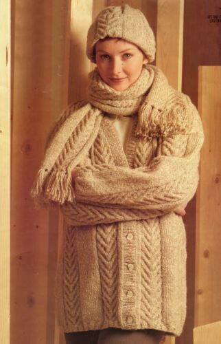 Hat & Scarf 81-107 cm Knitting Pattern Lady's Gorgeous Aran Cable Jacket 214 
