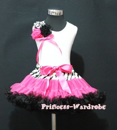 Zebra Style Pettiskirt Rose with Bow White Top Set 1-8Y