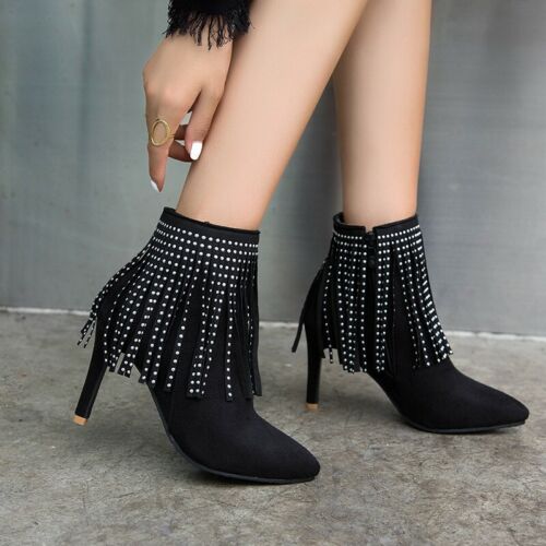 Details about   45 46 47 48 Ankle Boots Ladies Party Crystal Tassels Fringe 8.5CM Heel Shoes D 